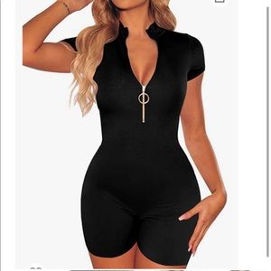 Body Con Black Romper Deep V Neck with Gold Zipper Size Medium
